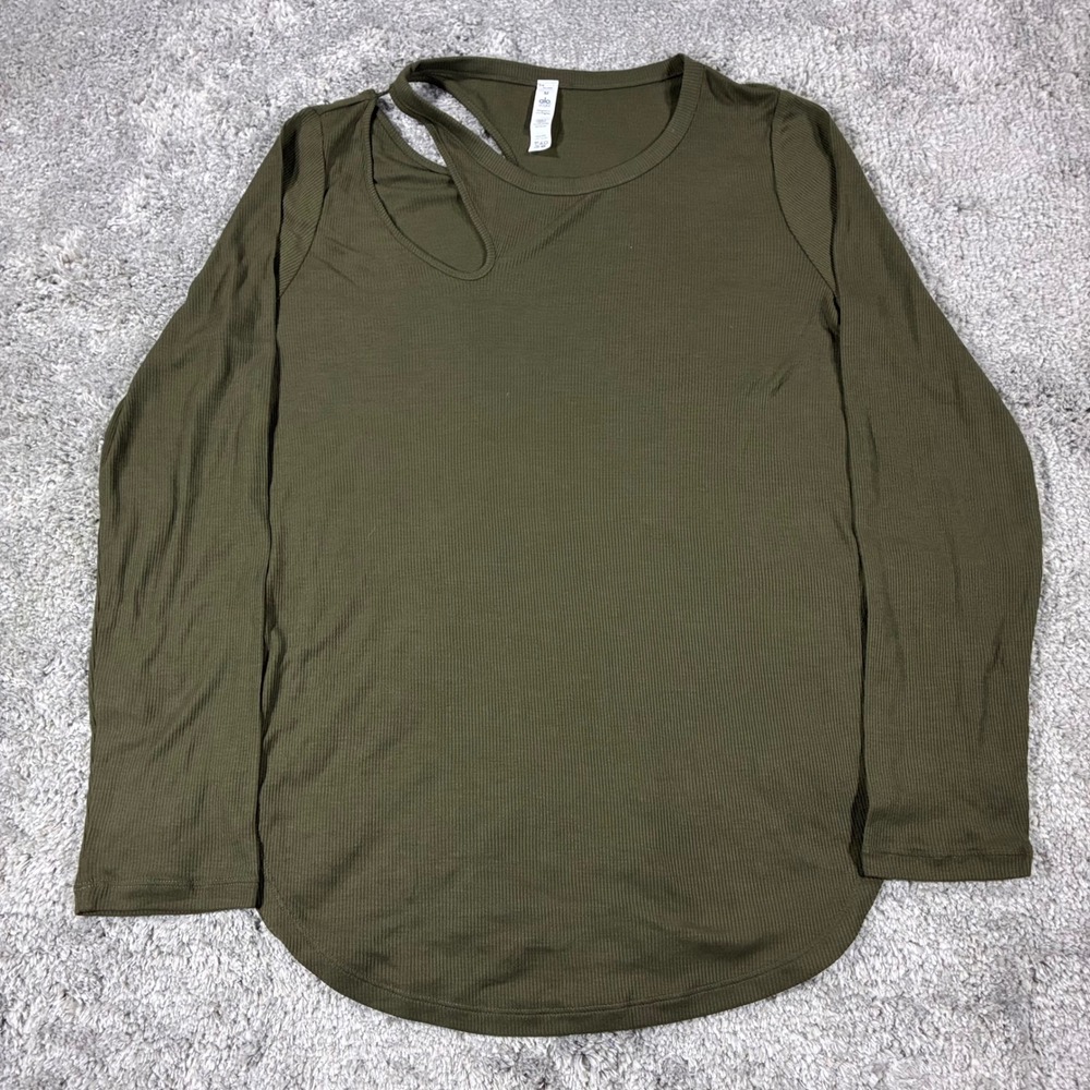 Alo Yoga Ribbed Long Sleeve Cutout Top Olive Green Medium Asymmetrical Ribbed
